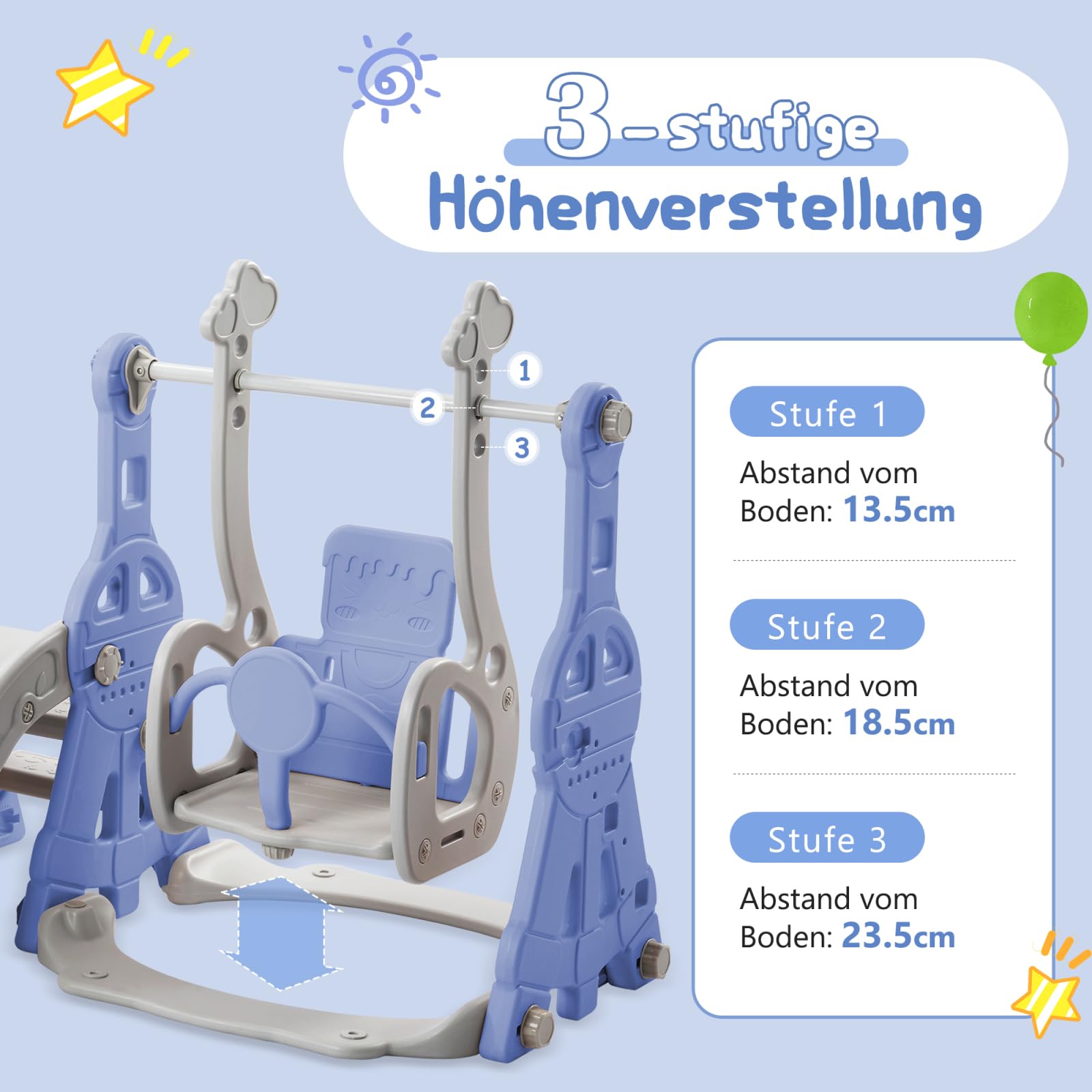 4-in-1 Rutsche für Babys und Kinder, Außenbereich, mit Schaukel, Treppe, Basketballkorb, freistehend (blau)