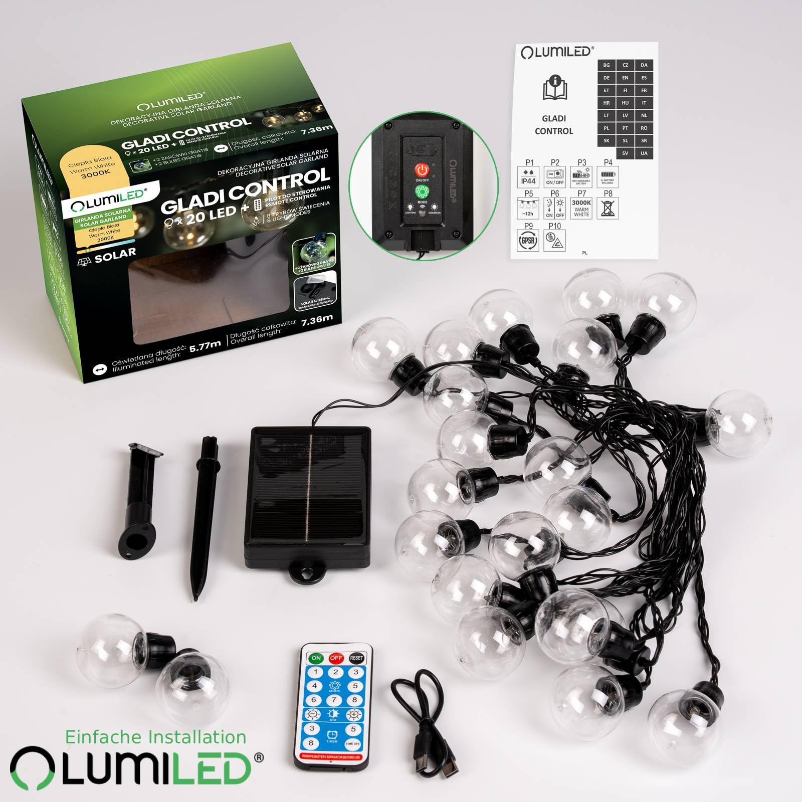 Lumiled Solarny łańcuch świetlny do użytku na zewnątrz, 7 m, 20 diod LED + 2 zapasowe żarówki, pilot zdalnego sterowania, IP44, odporny na warunki atmosferyczne, 8 trybów pracy, ciepła biel, 3000 K