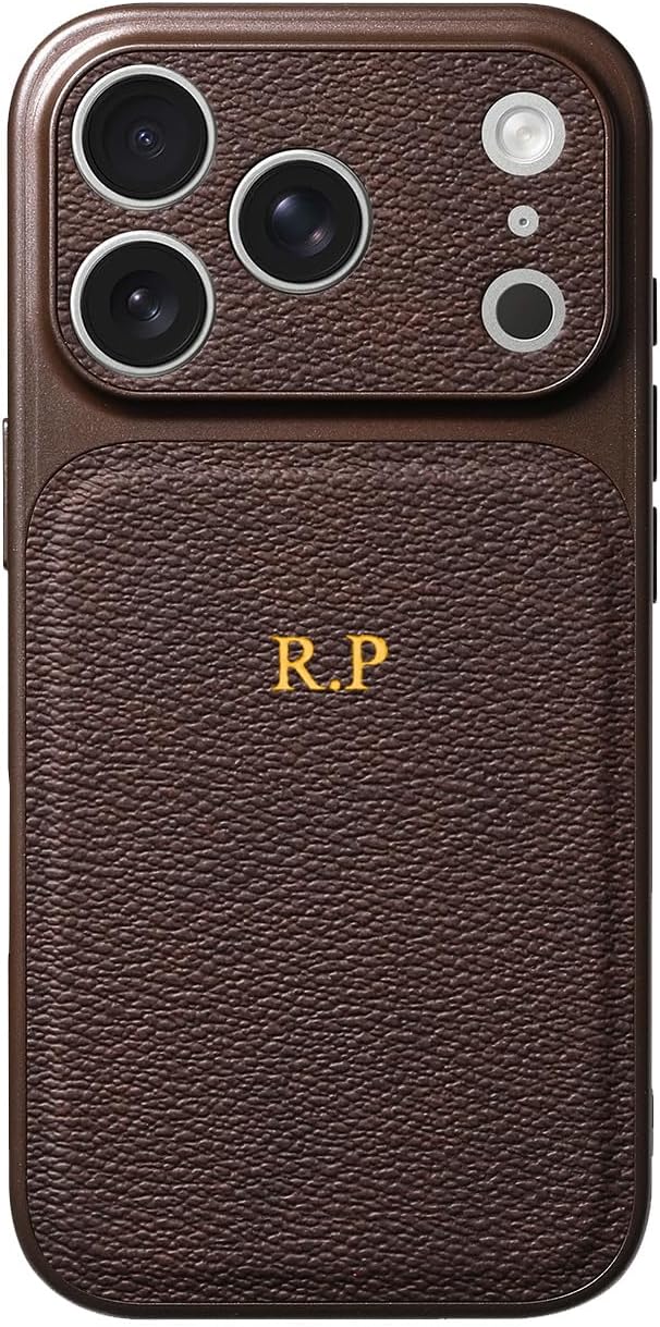 Personalized Case for iPhone 17 Pro, iPhone 16 Phone case with Leather, Monogram Engraved Vegan Leather Phone Case for 17 16 15 14 13 pro max, Custom Initials, Camera Protection (Brown)