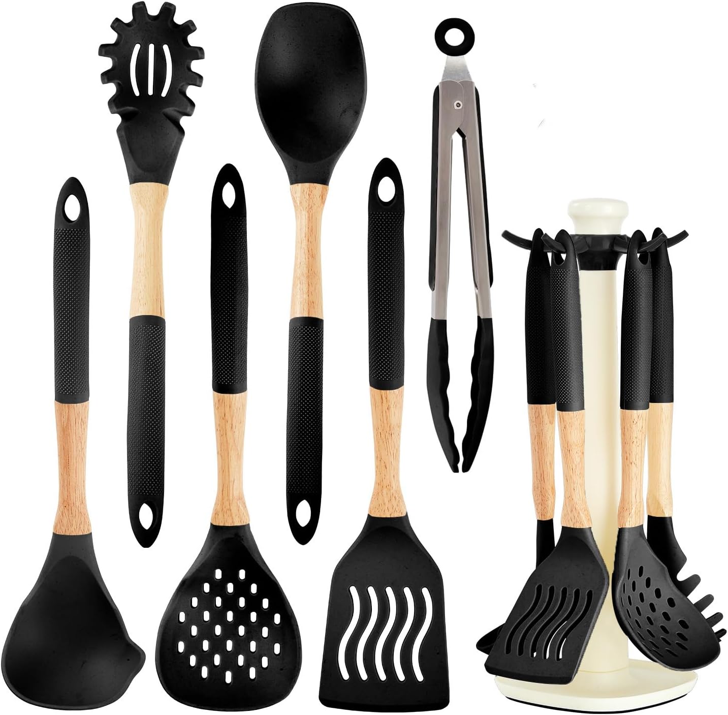 Kitchen Utensils Set - 7 PCS Non-Stick Silicone Cooking Utensils Set Spatula Set with Holder, Wooden Handle Spoon,Tongs,Whisk Kitchen Gadgets Tools Set for Nonstick Cookware (Black-7Max)