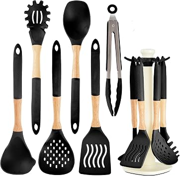 Kitchen Utensils Set - 7 PCS Non-Stick Silicone Cooking Utensils Set Spatula Set with Holder, Wooden Handle Spoon,Tongs,Whisk Kitchen Gadgets Tools Set for Nonstick Cookware Black-7Max