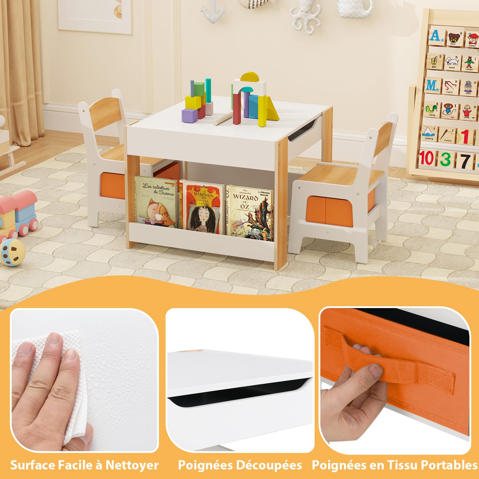 GOPLUS Table Enfant avec 2 Chaises, 4 en 1 Table de Dessin avec Plateau Réversible et Tableau Noir, Bureau Enfant avec Rangement Amovible, Étagères (Naturel)