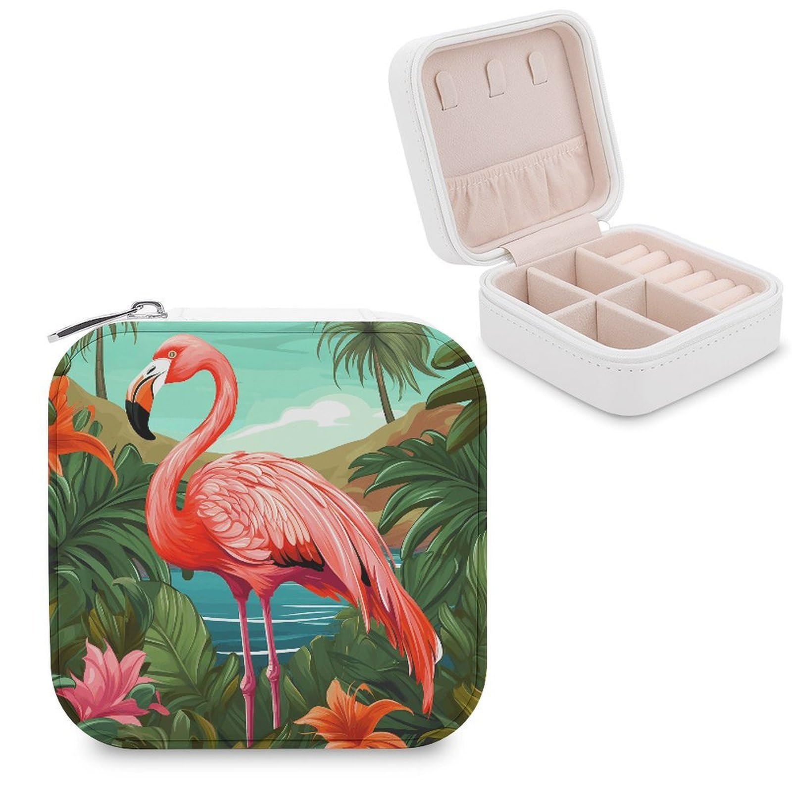 VstaDank Tropical Flamingo Travel Jewelry Case Zipper Portable Small Jewelry Box Custom Pu Leather Mini Traveling Jewelry Organizer for Rings Earrings Necklace Bracelet Girls Women