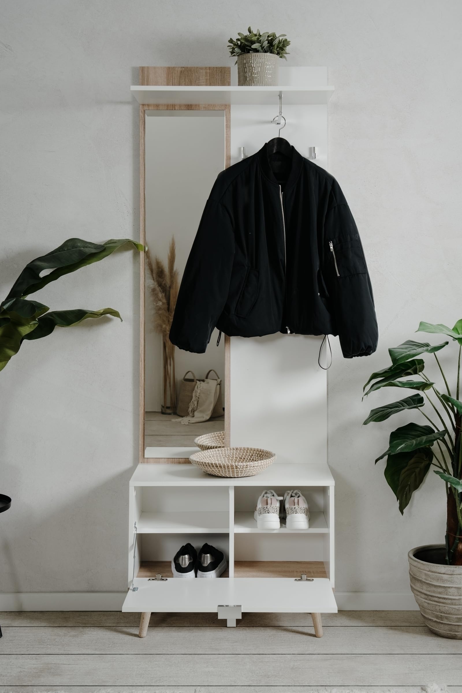 möbelando Kompaktgarderobe Göteborg – Garderobenschrank mit Spiegel, 195 cm hoch, Weiß/Sonoma Eiche – Platzsparend für Flur, Keller & Hauswirtschaftsraum