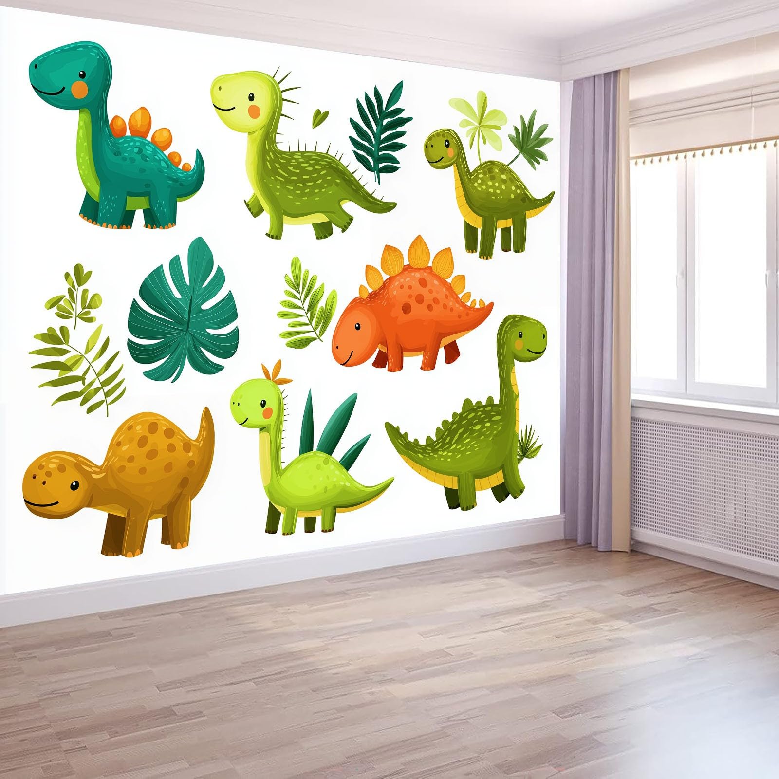 Générique Panoramiczna tapeta z kreskówek dinozaur zwierzę rośliny liście, czysta biel, tapeta z włókniny 3D, do pokoju dziecięcego i salonu, dekoracja ścienna XXL 200 x 140 cm