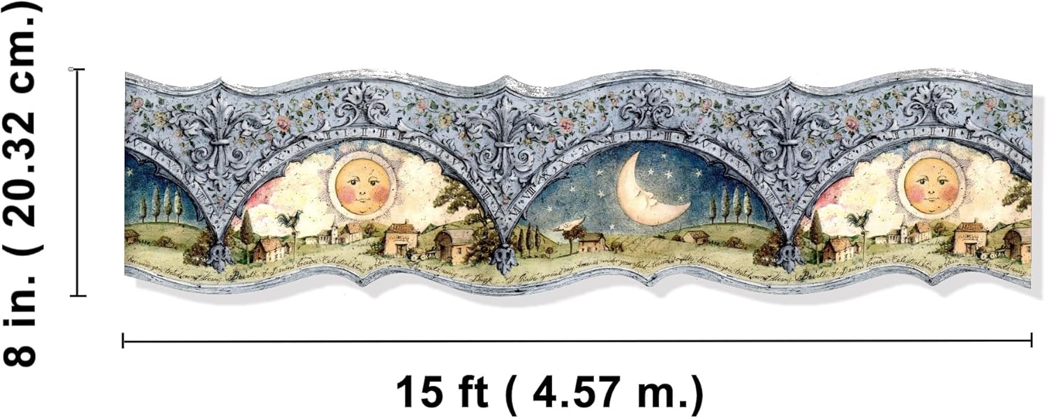 TRIMZ Celestial Wallpaper Border – Whimsical Sun & Moon, Scalloped Floral & Architectural Accents, Bedroom & Nursery Décor, Pre-Pasted, 15 Ft x 8 in.