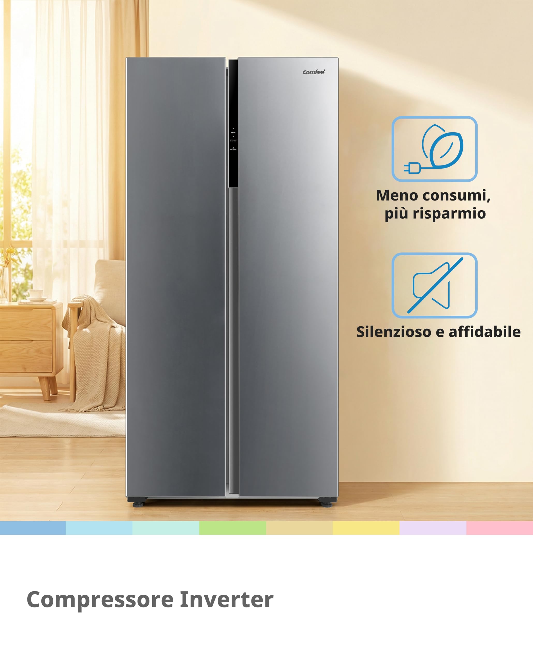 COMFEE' RCS609IX2 Frigorifero-Congelatore Americano/No Frost/Compressore Inverter/Altezza 177,5 cm/271 L di Refrigerazione/189 L di Congelamento/Doppio controllo/SuperCool, Inox