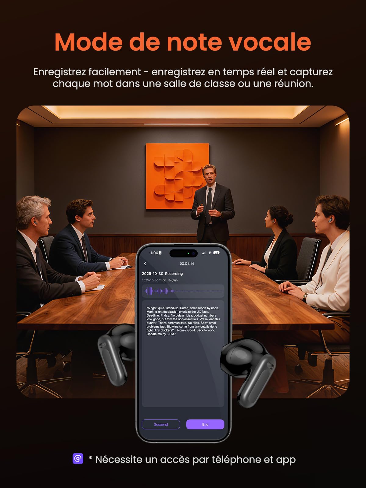 Écouteurs NE20 Traducteur Instantané Bluetooth 6.0 avec écran Tactile LCD, 6 Modes et 135 Langues