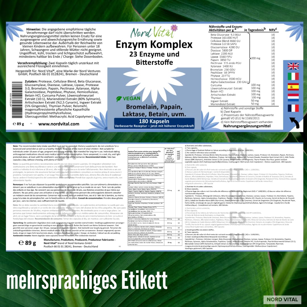 Enzym Komplex mit 23 aktiven Inhaltsstoffen – 180 magensaftresistente Kapseln – Hochdosierte Verdauungsenzyme mit Bromelain, Papain, Lipase, Betain HCL & Bitterstoffen – Vegan – Digestive Enzymes