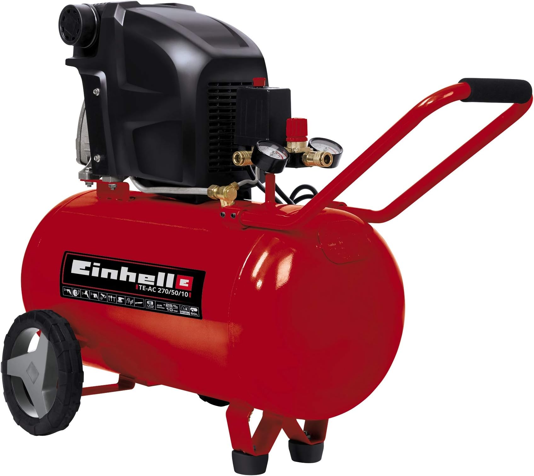 Einhell50L Oil Lubricated Air Compressor - 10 Bar, 145 PSI, 240V, 1800W Long-Life Motor, Pressure Reducer, Safety Valve - TE-AC 270/50/10 Compressed Air Pump For Workshops, 3 Year Warranty