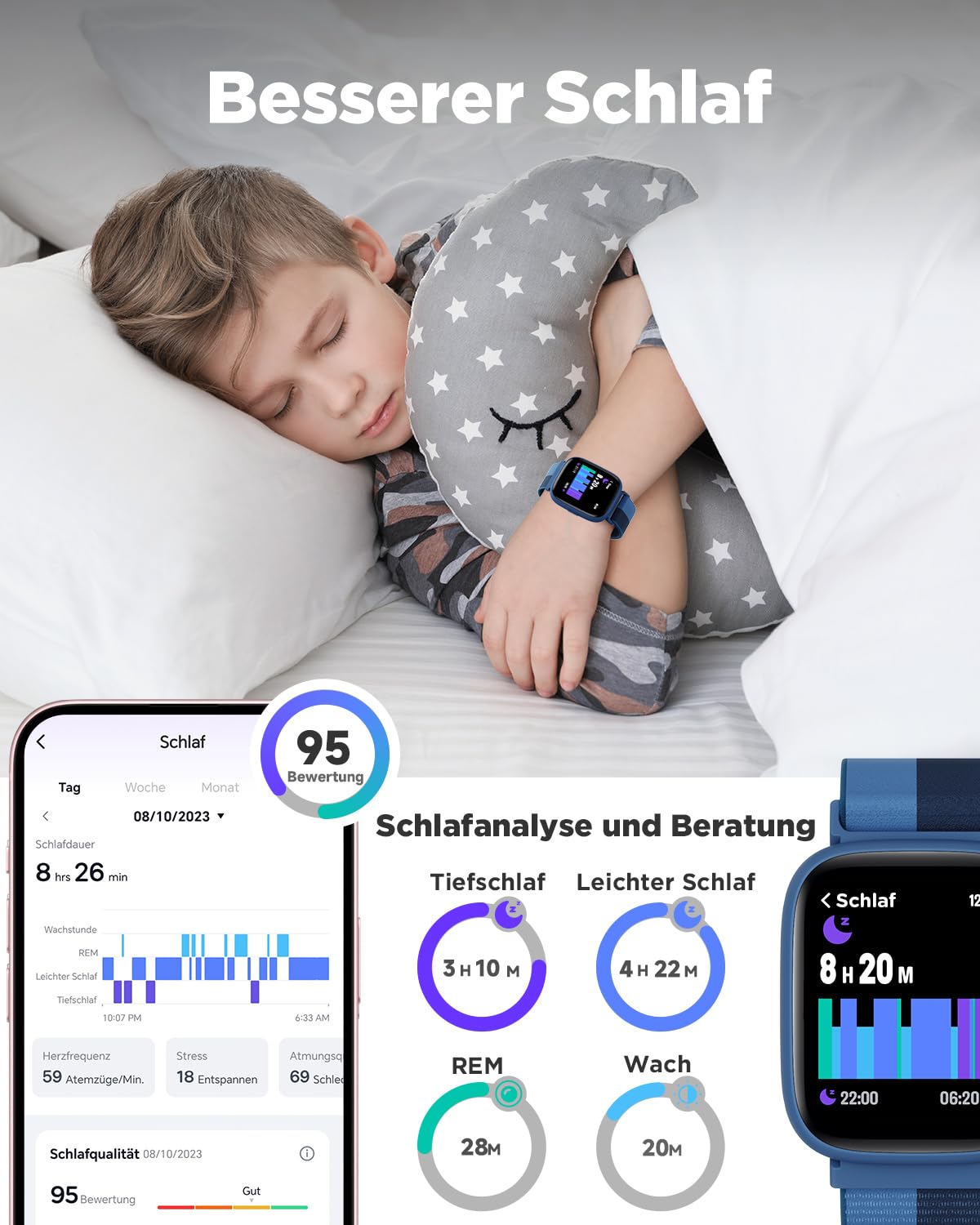 BIGGERFIVE Smartwatch Kinder 1,8" Fitness Uhr Schrittzähler 24/7 Puls IP68 Wasserdicht Schlafmonitor Wecker 5 Puzzlespiele Fitness Tracker Mädchen Jungen Teens 5-16 Nylon