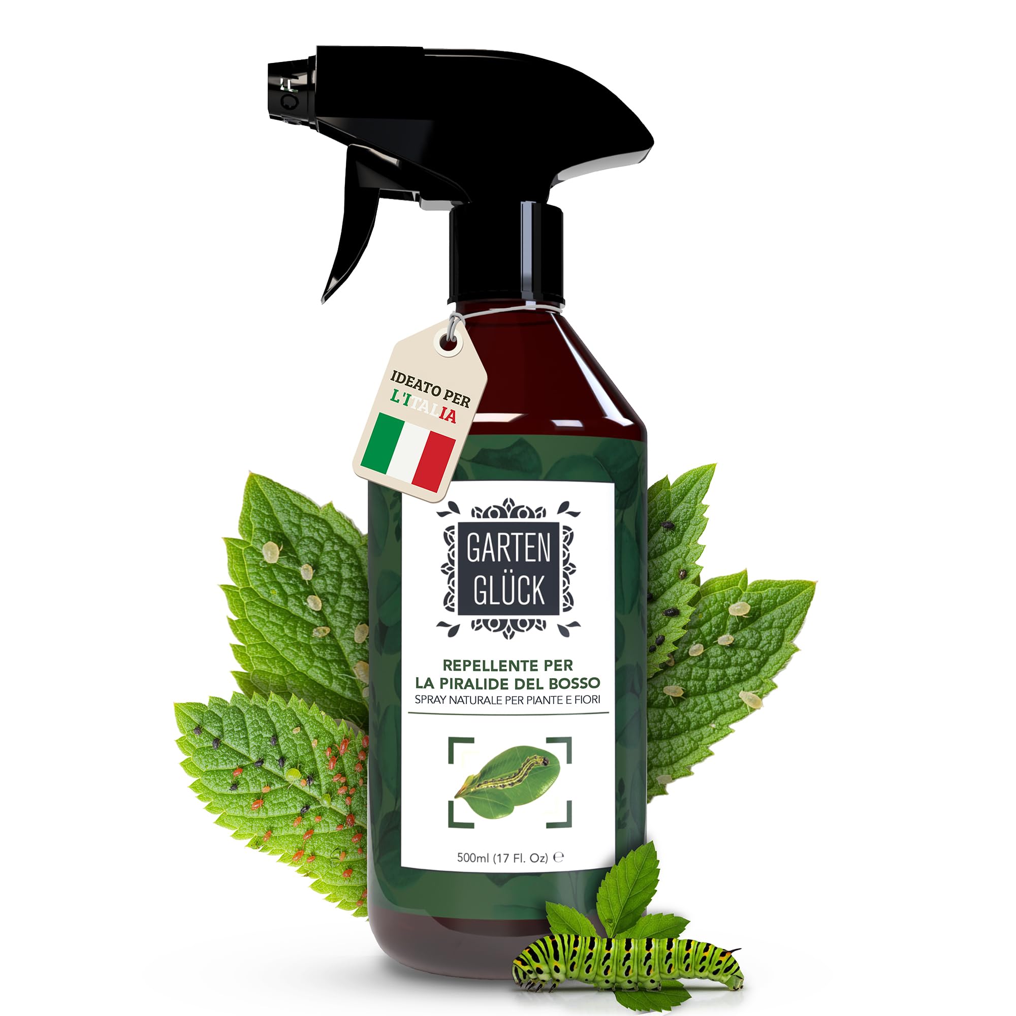 Spray Antiparassitario Piante -500ml- Contro Piralide del Bosso, Bruchi, Larve e Afidi - Protezione Naturale per Bosso, Siepi, Rose e Orto - Con Olio di Timo e Olio di Citronella