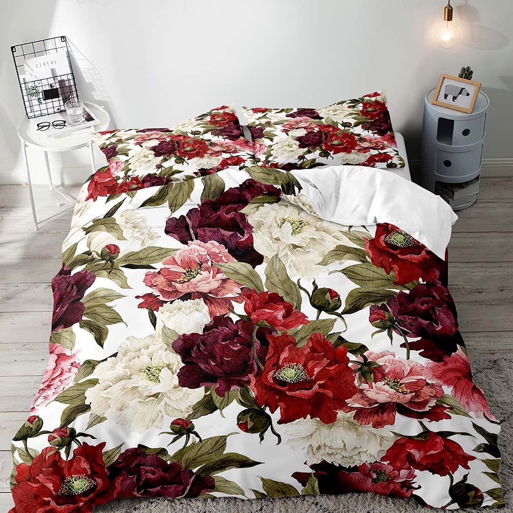 LUVIVIHOME 3PCS White Pink Red Burgundy Floral Duvet Cover Full Bedding Set, Shabby Chic Watercolor Vintage Flower Peony Rose Green Leaves Botanical