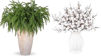 Rowfad 12 Pcs Christmas Norfolk Pine Branches with 40 Pcs Artificial White Holly Berry Stems for Christmas Tree Wreath DIY Craft Decorations Holiday Home Decor