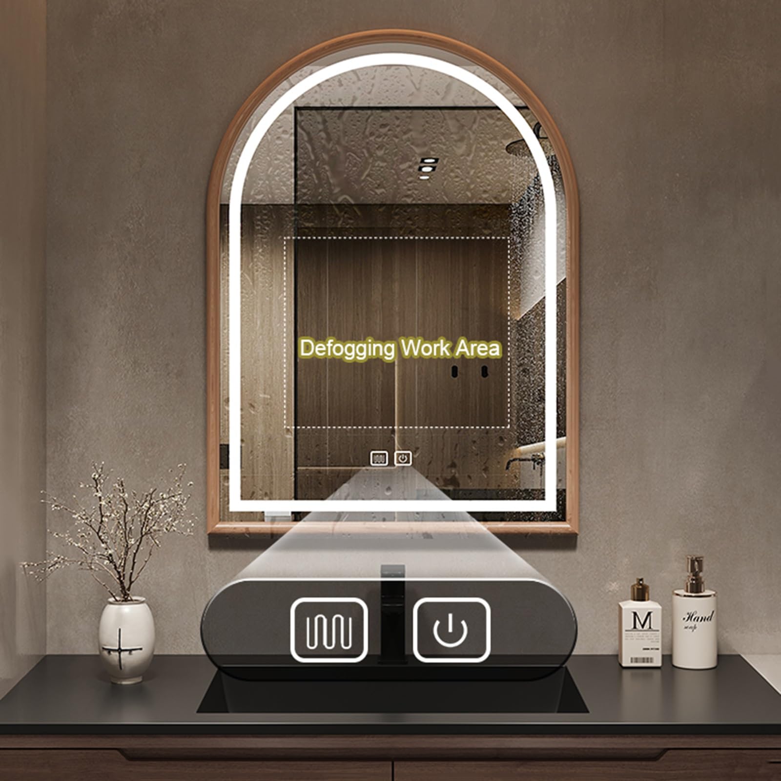 Miroir De Salle De Bain Lumineux LED, Miroir Arqué À Cadre en Bois Rustique, Miroir De Courtoisie avec 3 Couleurs De Lumière Dimmables(Light Brown,50x70cm/19.7x27.5in)