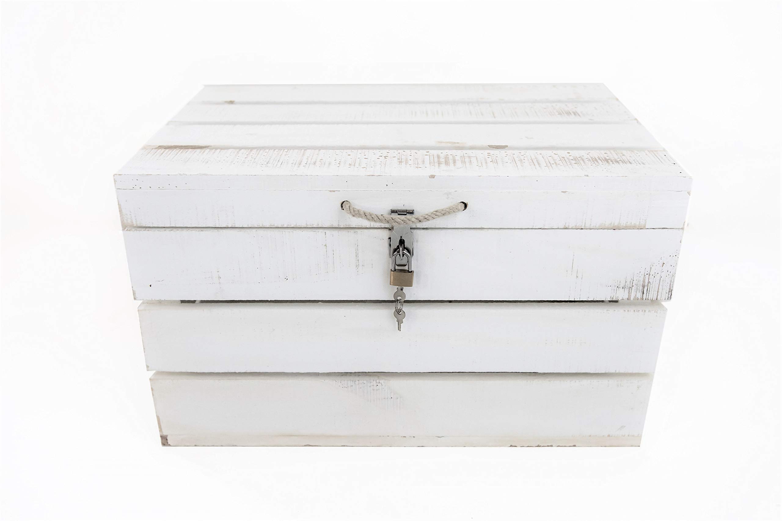 SAM Baúl con Cerradura Blanco Vintage de Madera, Asas Cuerda, Baúl Almacenamiento, 49x32x30cm. Incluye Imán Personalizable de Regalo.