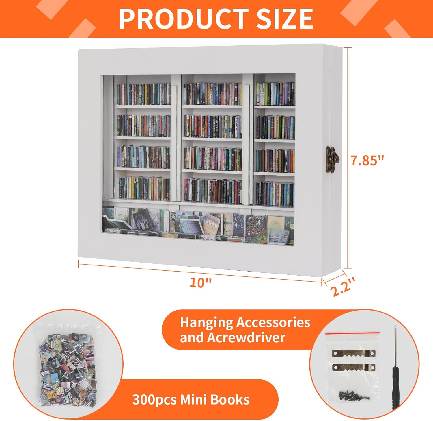 MACEVIA Shake Away Your Anxiety Mini Bookshelf, Miniature Bookshelf Decor with 300PCS Mini Books, Wooden Home Decor Gifts for Book Lovers, Stress Relief Gifts for Office Decor (White,10"*7.85"*2.2")