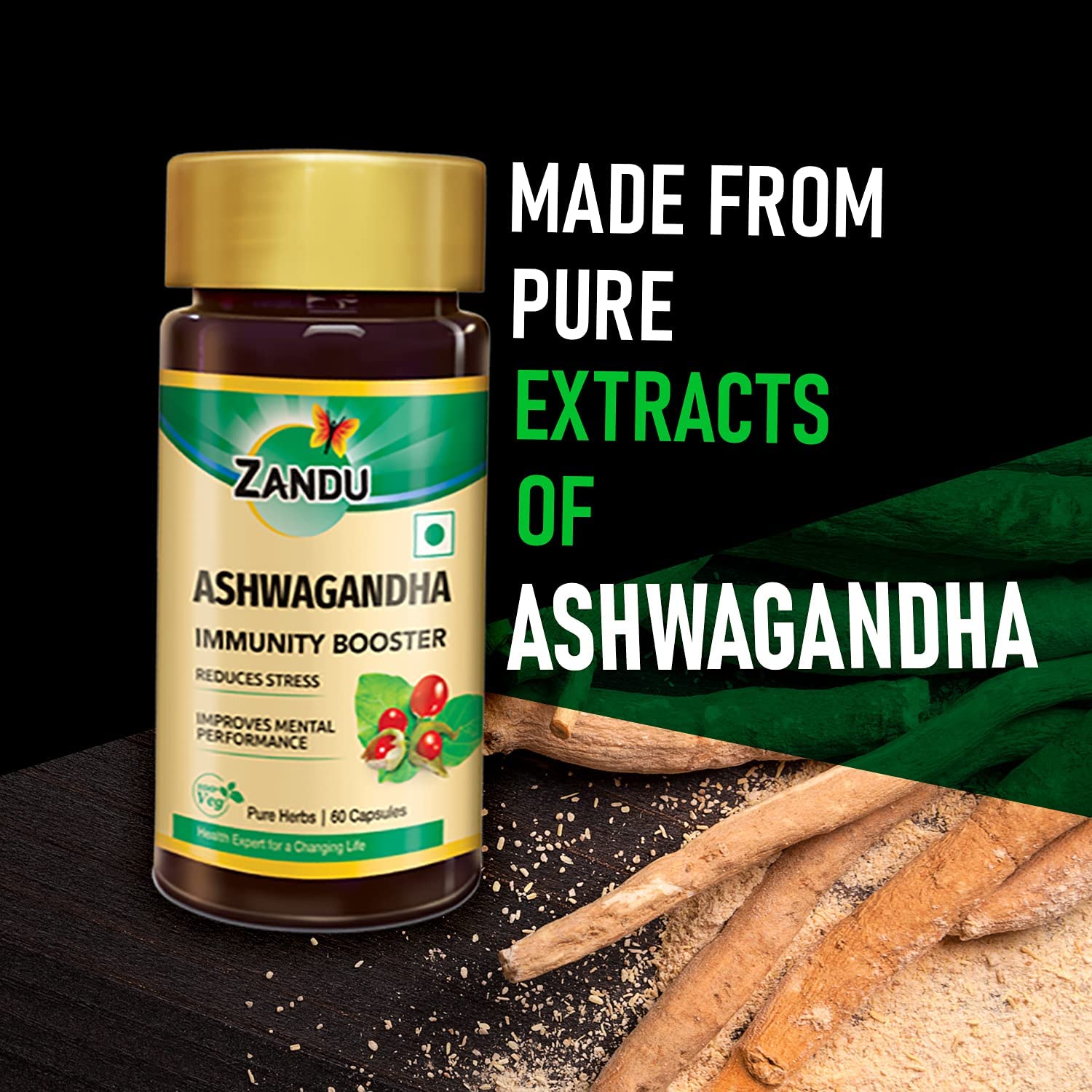 Zandu Ashwagandha 60 Veg Caps | 100% Pure Ashwagandha Root Extract | Scientifically Proven for Stress Relief With 5X Withanolide*| Boosts Immunity & Stamina | Rejuvenates Mind & Body| No Preservatives 1