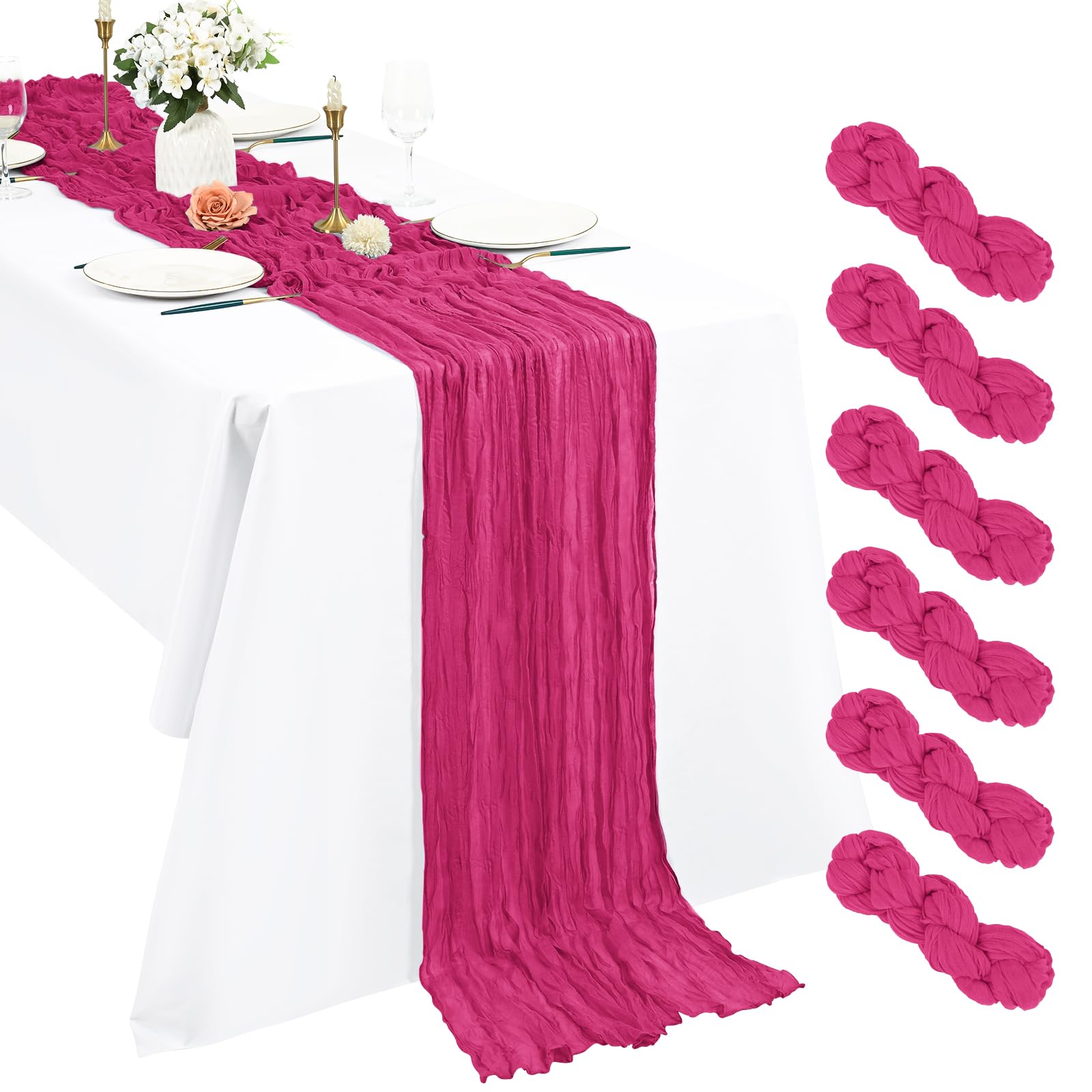 6 Pack Hot Pink Cheesecloth Table Runner, 10Ft Boho Gauze 21×120 Inch Rustic Romantic Long for Wedding Party Bridal Shower Thanksgiving Christmas Decoration