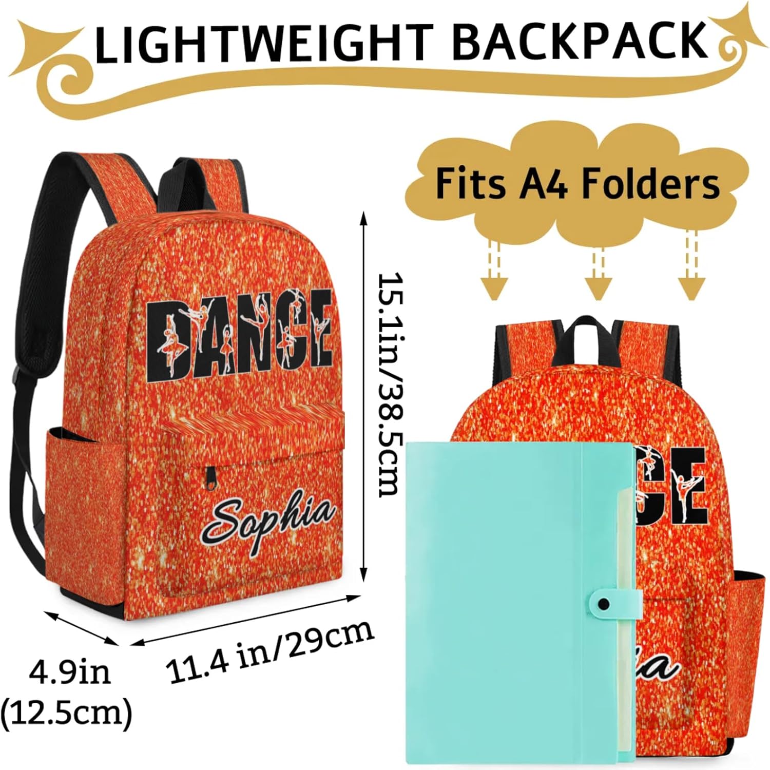 Personalized Dance Backpack Bag for Women, Custom Large Capacity Shoulder Bags, Waterproof Ballet Casual Daypack, Orange Glitter