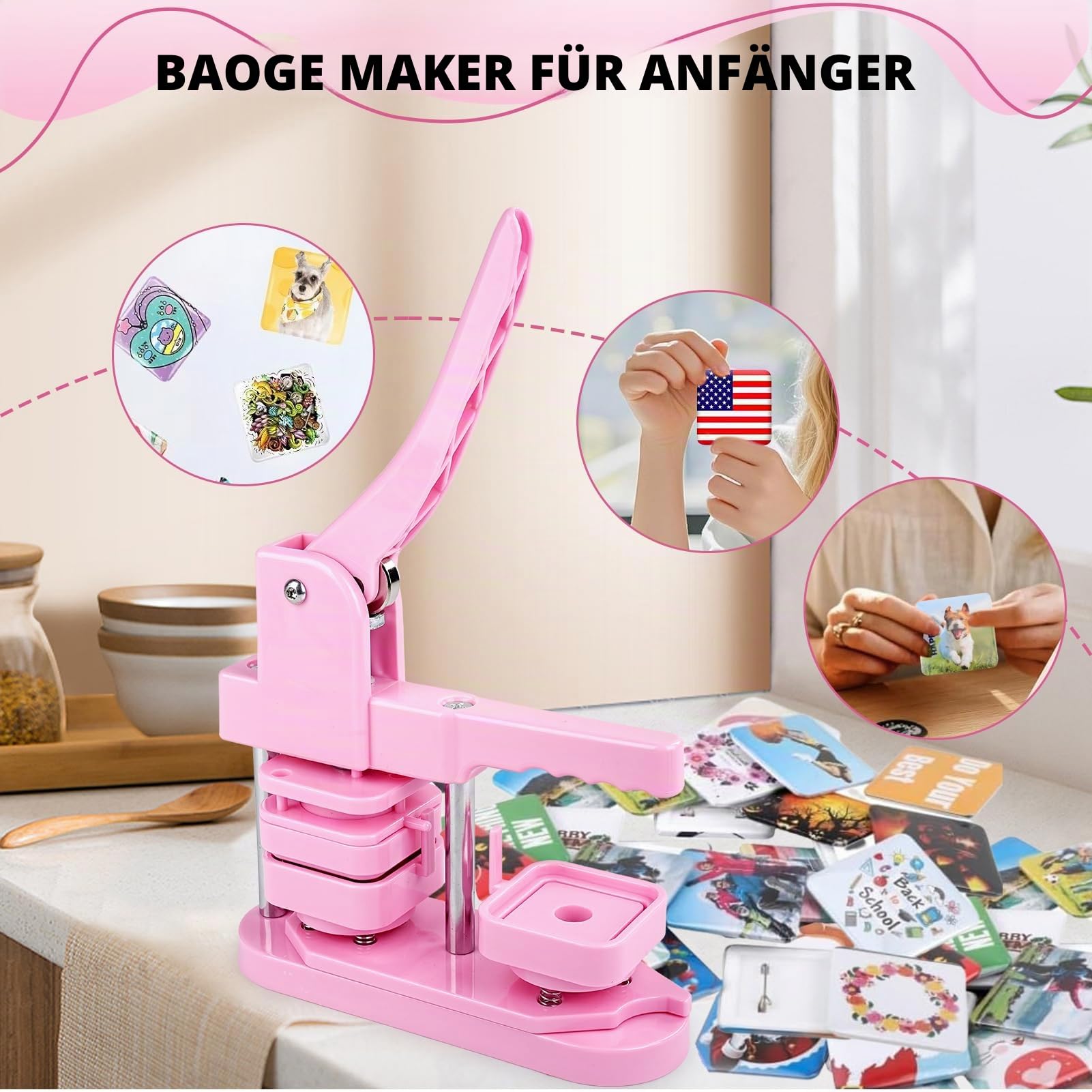 Button-Maschine, 50 mm, quadratisch, DIY-Kühlschrank, Abzeichen-Press-Set mit 100 Knopfteilen für Geschenke, Pin-Hersteller, Rosa