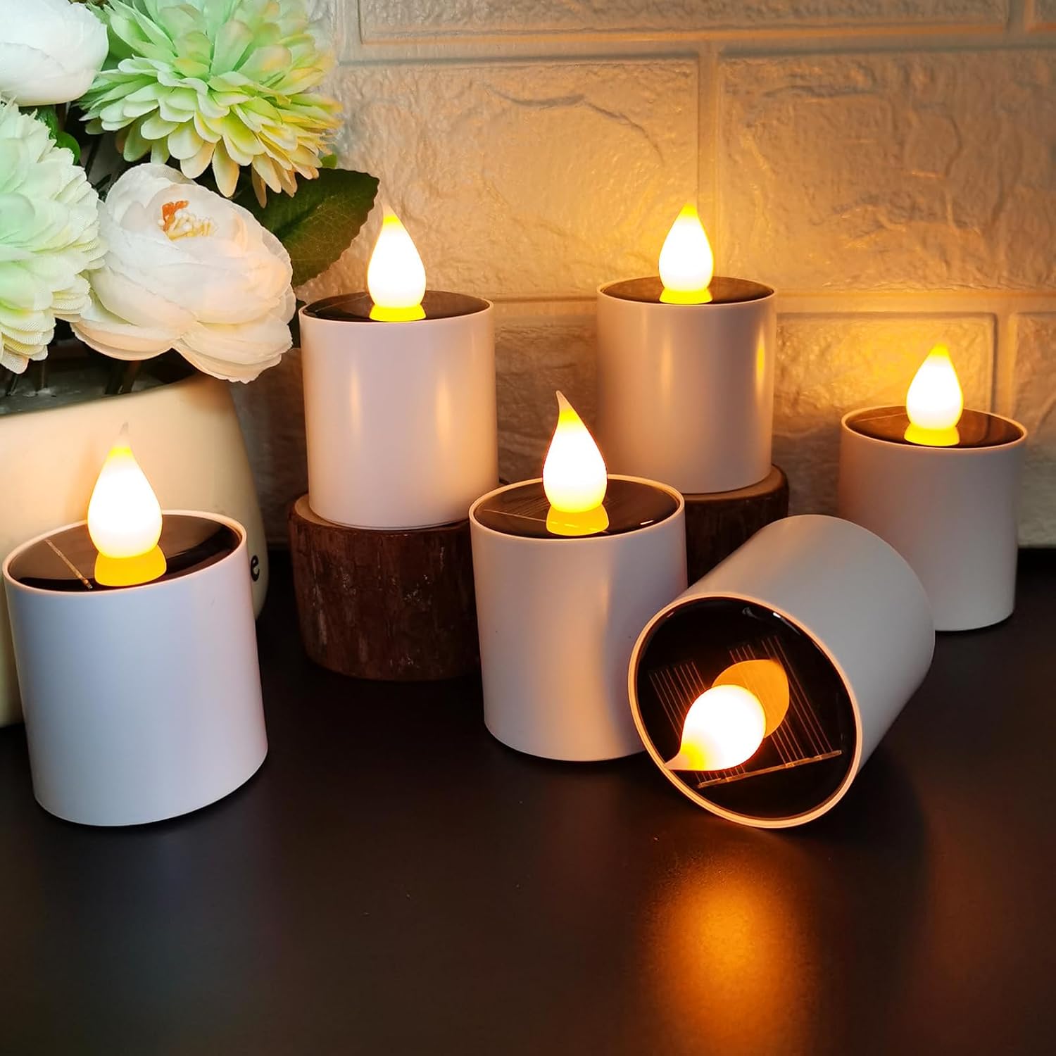 EuroFone 6pcs Warm Yellow Solar Power Tea Lights Outdoor Candle Flameless Flicker IP65 Waterproof Rechargeable LED Candles,Battery Operated Fake LED Votive TeaLights for Window Lanterns Decorations