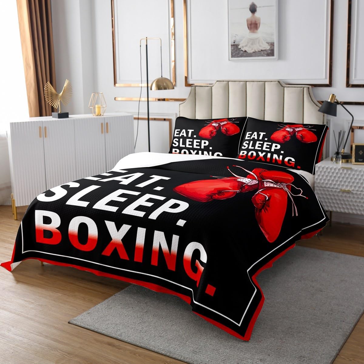 Castle Fairy Boxing Bedspread King Size,Sports Theme Bedding Set Red Boxing Gloves Pattern Comforter Set 3Pcs for Kids Boys Men Adult Room Decor,Pugilism Games Design Quotes Quilt Set,2 Pillowcases