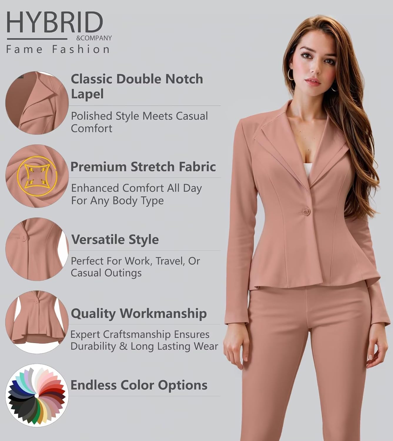 hybrid & company women's casual work office dressy double lapel single button peplum comfortable blazer 2x mauve-dressy & premium weight