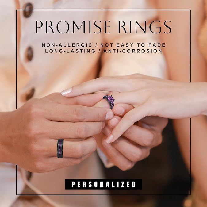 3UMeter 2Pcs Personalized Couples Rings for Him and Her Set Custom Matching Rings for Couples Promise Rings Engraved Wedding Ring Sets for Anniversary Wedding Engagement Valentines Day Gifts