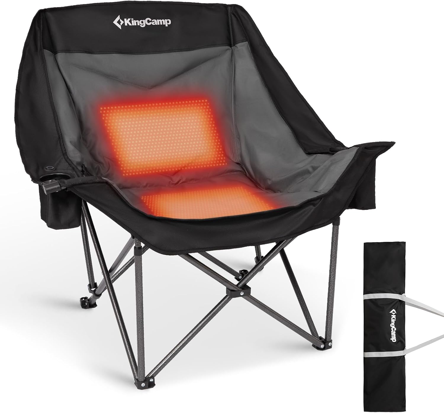 KingCamp Heated Oversized XL Camping Chair, Heavy Duty 500lbs Folding Couch for Adults, Padded Large Comfortable Sofa Seat 3 Heat Levels with Cooler Bag for Outdoor Sports Fishing Lawn, Black/Grey Black/Grey Xl Heated Heated Comfort Series