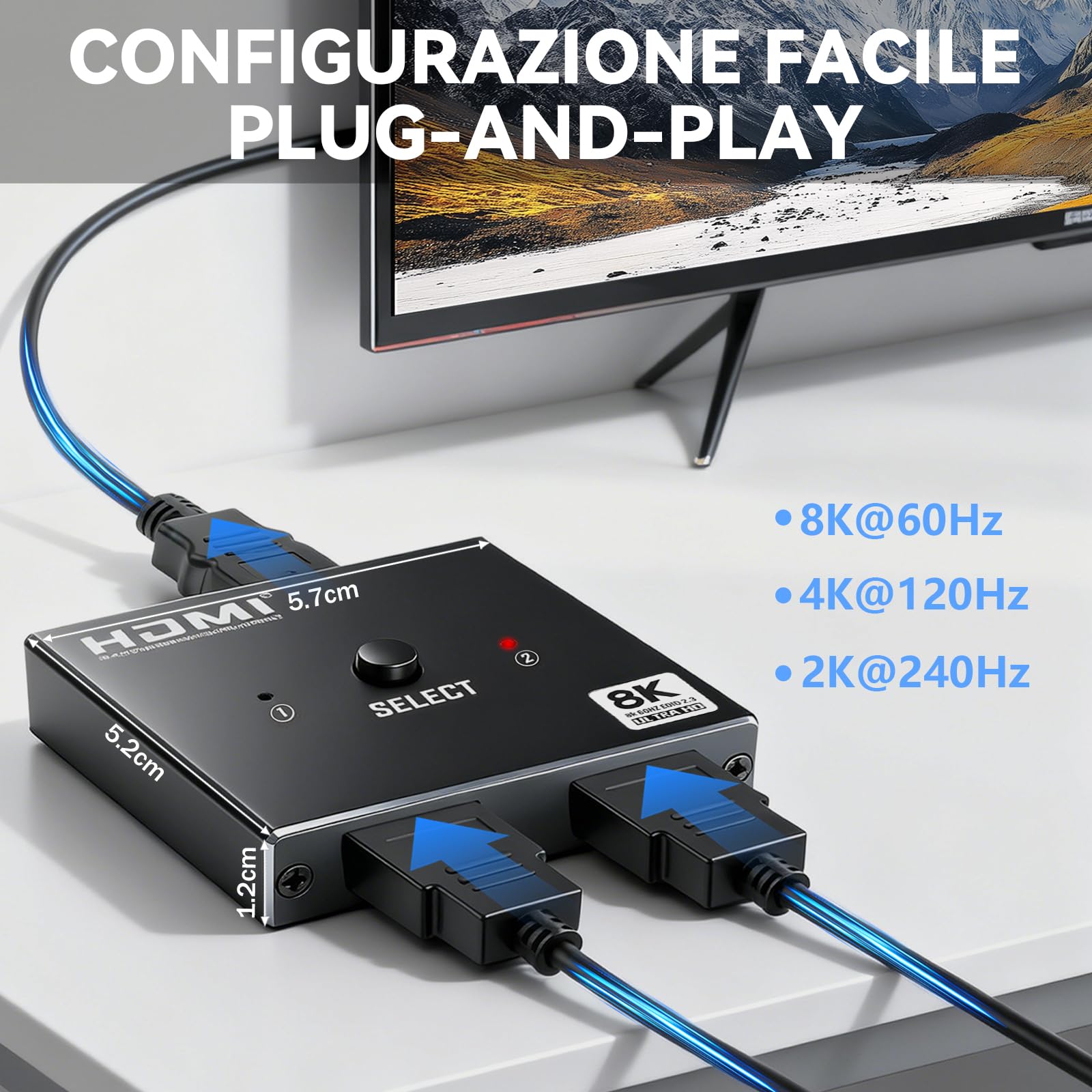 Splitter HDMI 8K 2.1 48Gbps, Switch HDMI 2 ingressi 1 uscita, Supporto HDCP 2.3 per PS5 Xbox HDTV