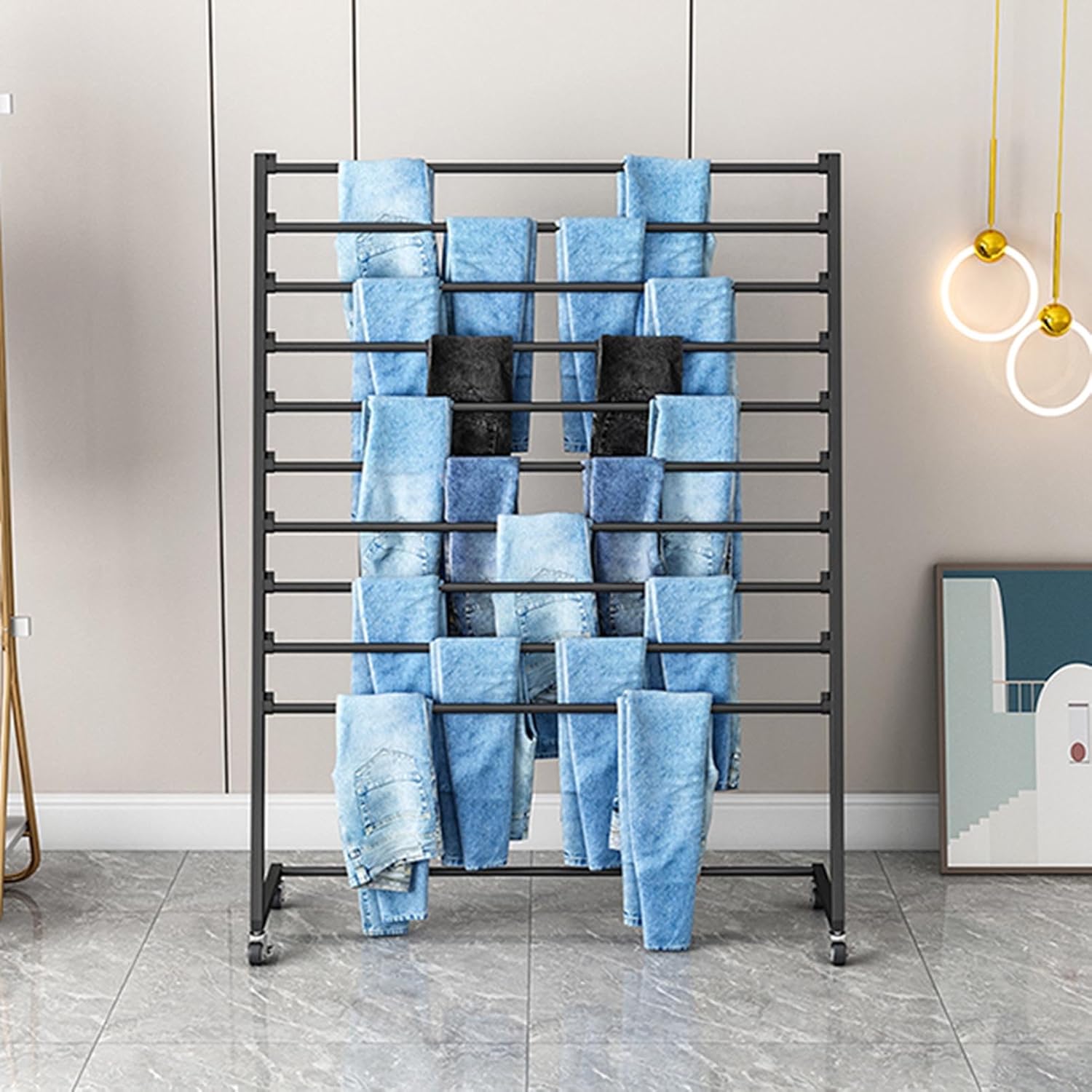 Metal Scarf Holder Organizer Scarf Scarf Display Stand,Freestanding Scarf Display Stand with Wheels,Commercial Retail Shawl Hijab Silk Organizer,Ties Belt Pants Hanging R,Gold,80Cmx40Cmx155Cm