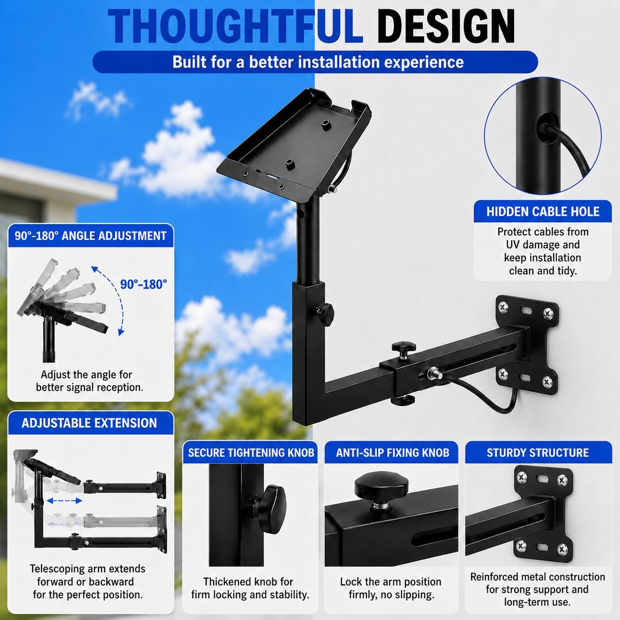 Starlink Mount for Standard Gen3/V3/4/4X, Adjustable Starlink Wall Mount with Extendable Telescoping Arm, Heavy Duty Weatherproof Steel Bracket for Concrete/Wood Walls, Easy to Install