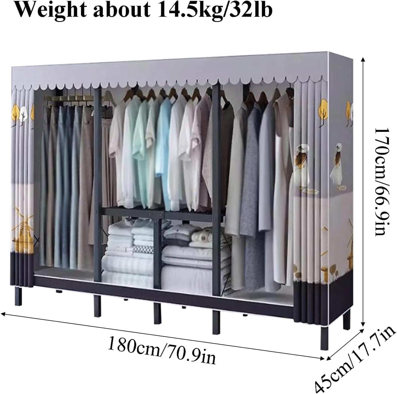 Portable Wardrobe Closet with Hanging Areas Metal Steel Closet Clothes Closet for Bedroom Hanging Foldable Wardrobe Closet, 180cm/70.9in(B)
