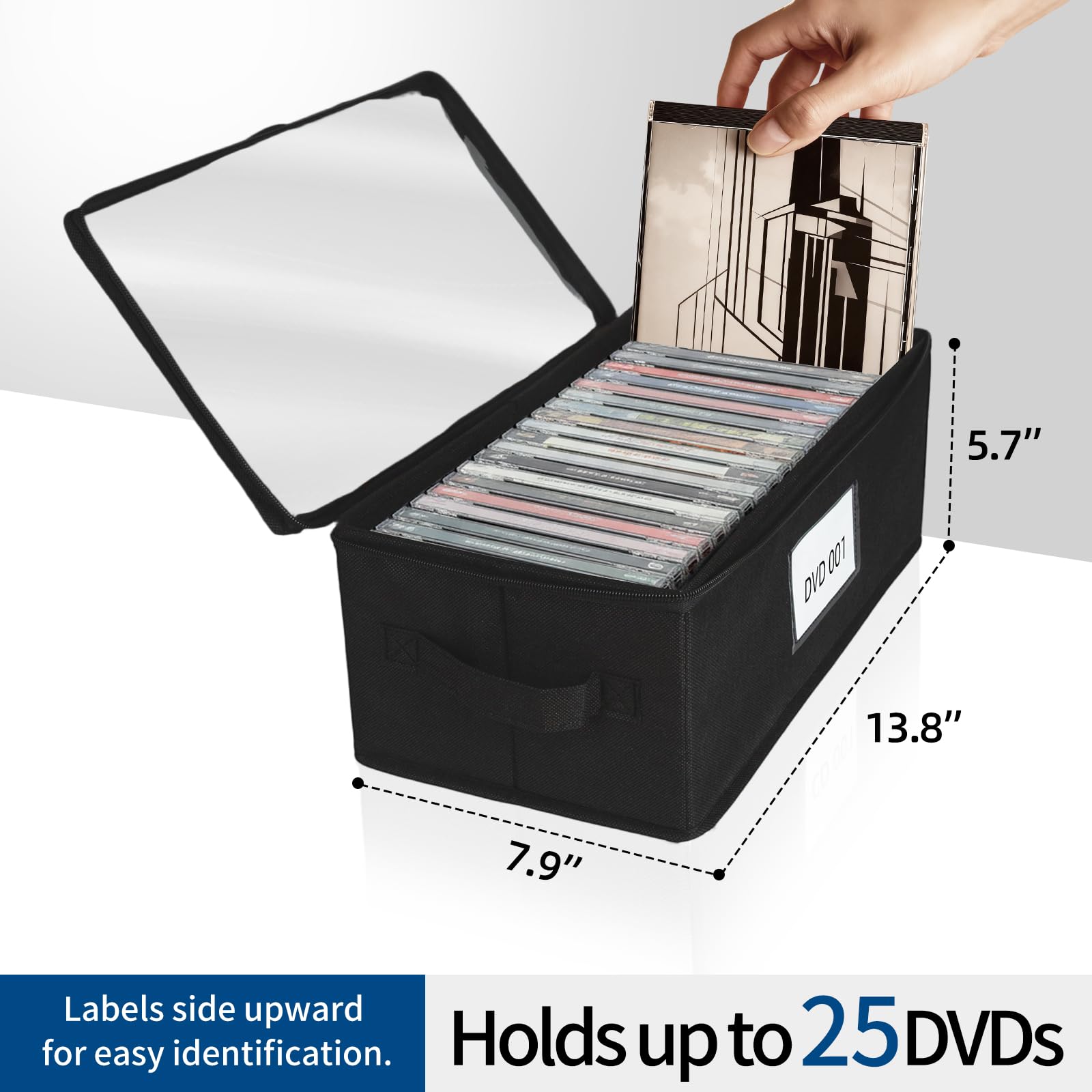 Confezione da 8 contenitori per DVD in tessuto resistente con coperchio in PVC trasparente, contiene 25 custodie standard per DVD, robusto tessuto non tessuto con supporto in cartone per