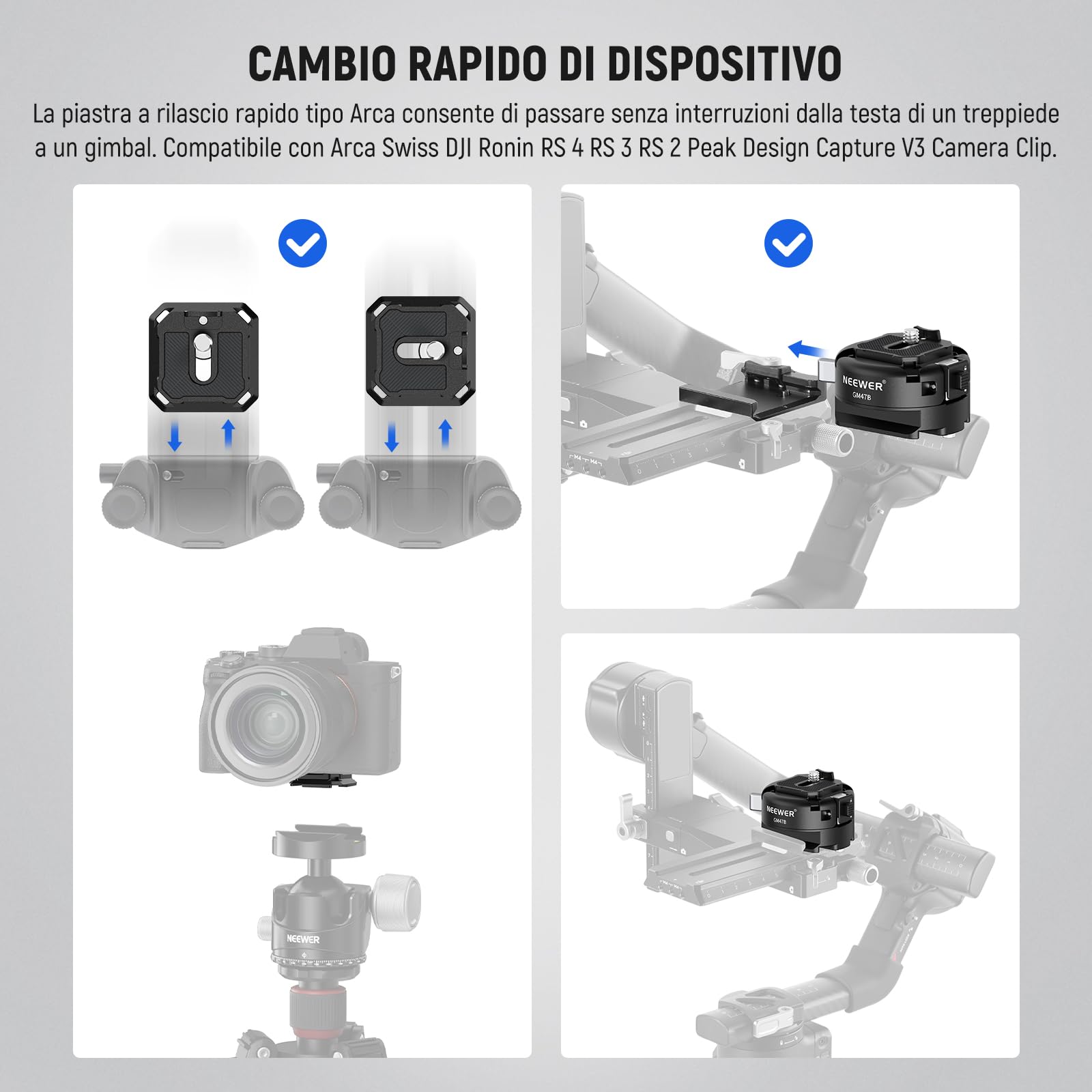 NEEWER GM47B Kit Piastra a Sgancio Rapido, Adattatore Treppiede Fotocamera QR Quadrato con Base a Morsetto Compatibile con Arca Swiss DJI Ronin RS 4 Pro RS 3 RS 2 Peak Design Capture V3 Camera Clip