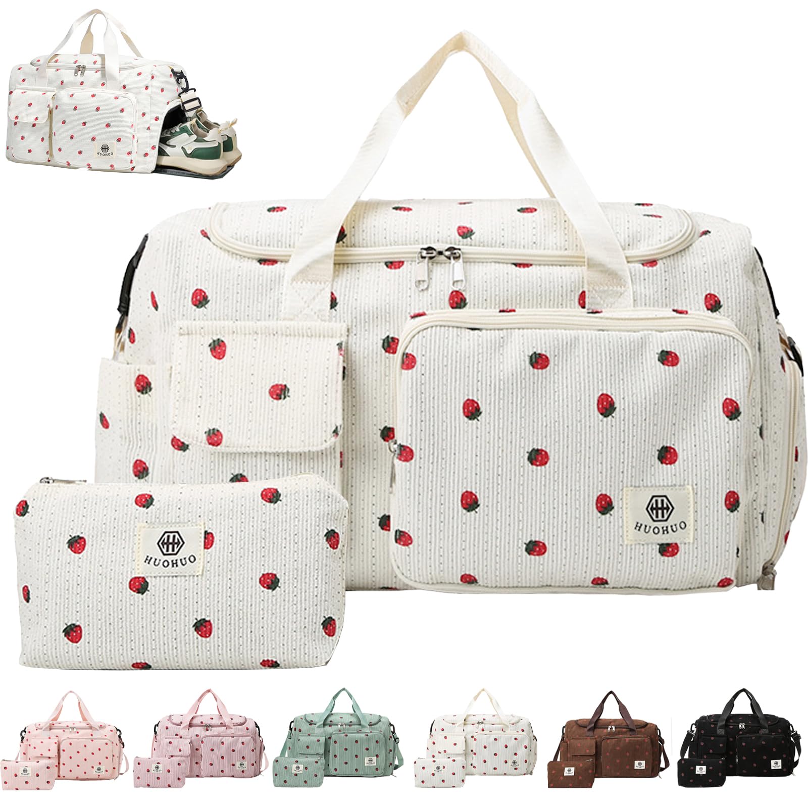 AUNGKWANG Corduroy Strawberry Travel Duffel Bag Set, Dance Bags for Girls with Little Strawberry Wallet, Sports Bags Women Foldable Gym Sports Bag