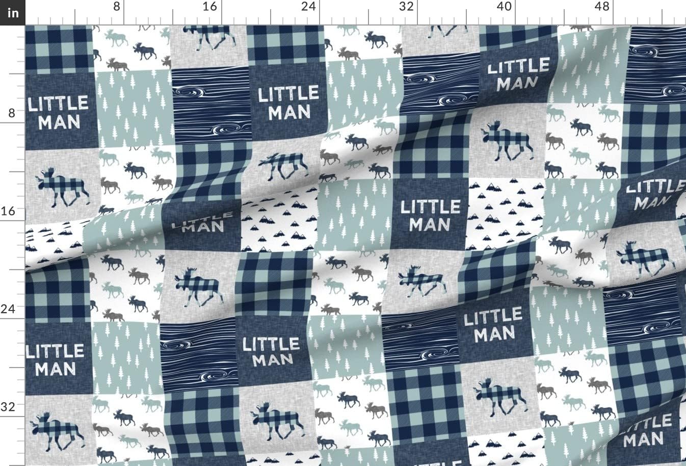 Spoonflower Fabric - Little Man Patchwork Navy Dusty Blue Woodland Cheater Quilt Moose Printed on Minky Fabric by The Yard - Sewing Baby Blankets Quilt Backing Plush