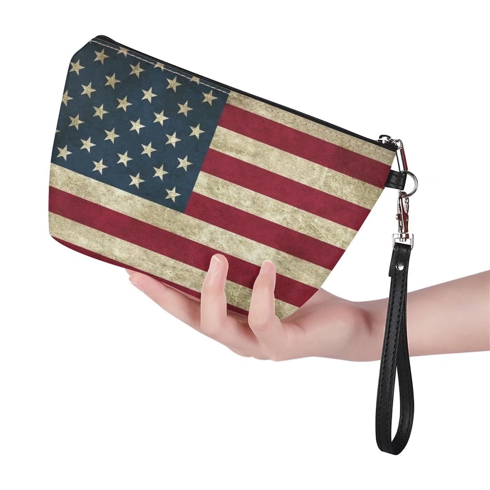 AFPANQZ American Flag Cosmetic Bag for Women Girls Makeup Organizer Pouch Zipper Closure Bag Handbag Purse Leather Mini Handbag