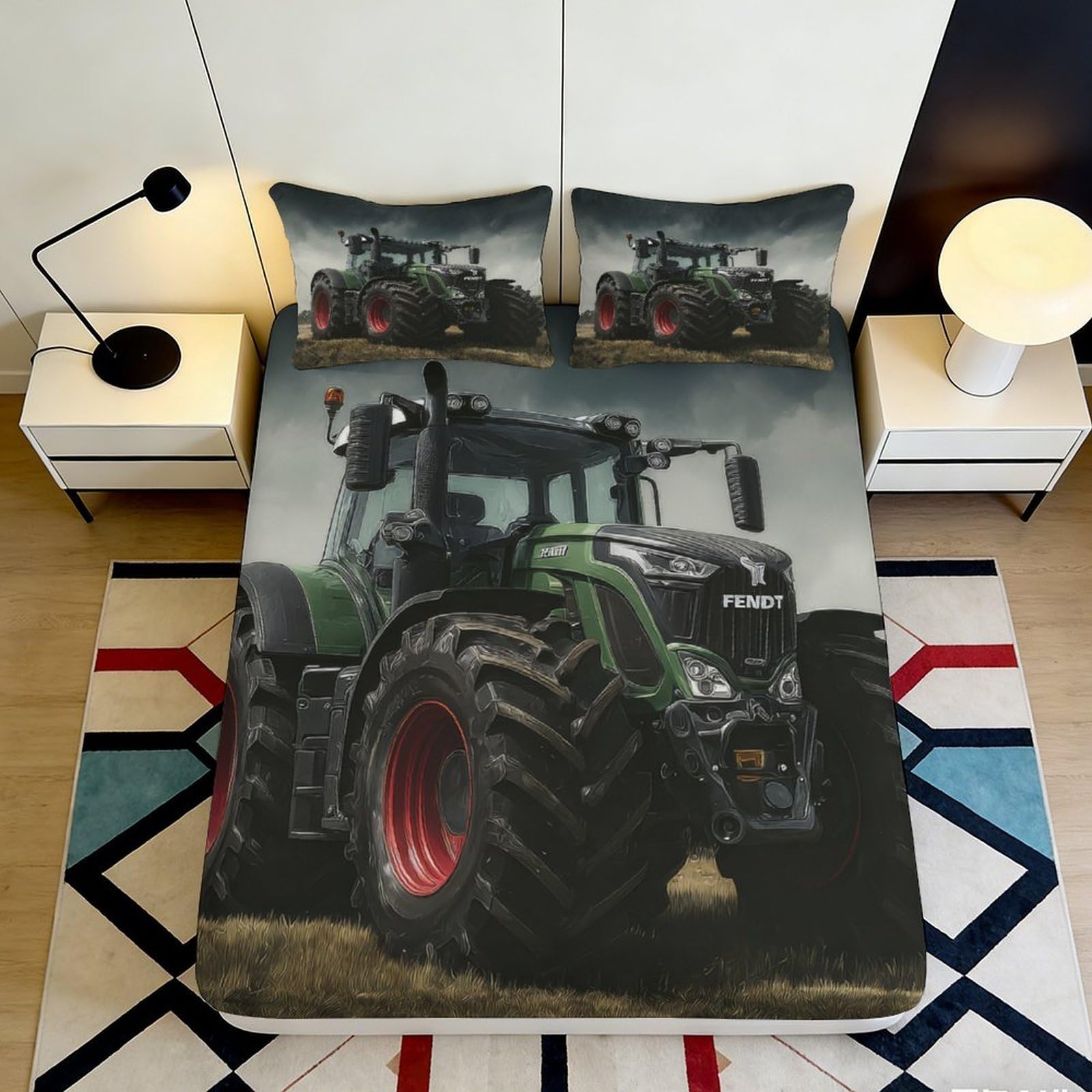 Wtorimpel Style-10 3D Printed Tractor Fitted Sheet Microfiber Deep Pocket Bedroom Bedding Tractor Mattress Fitted Cover Non-Slip All Ages 90X200x25cm