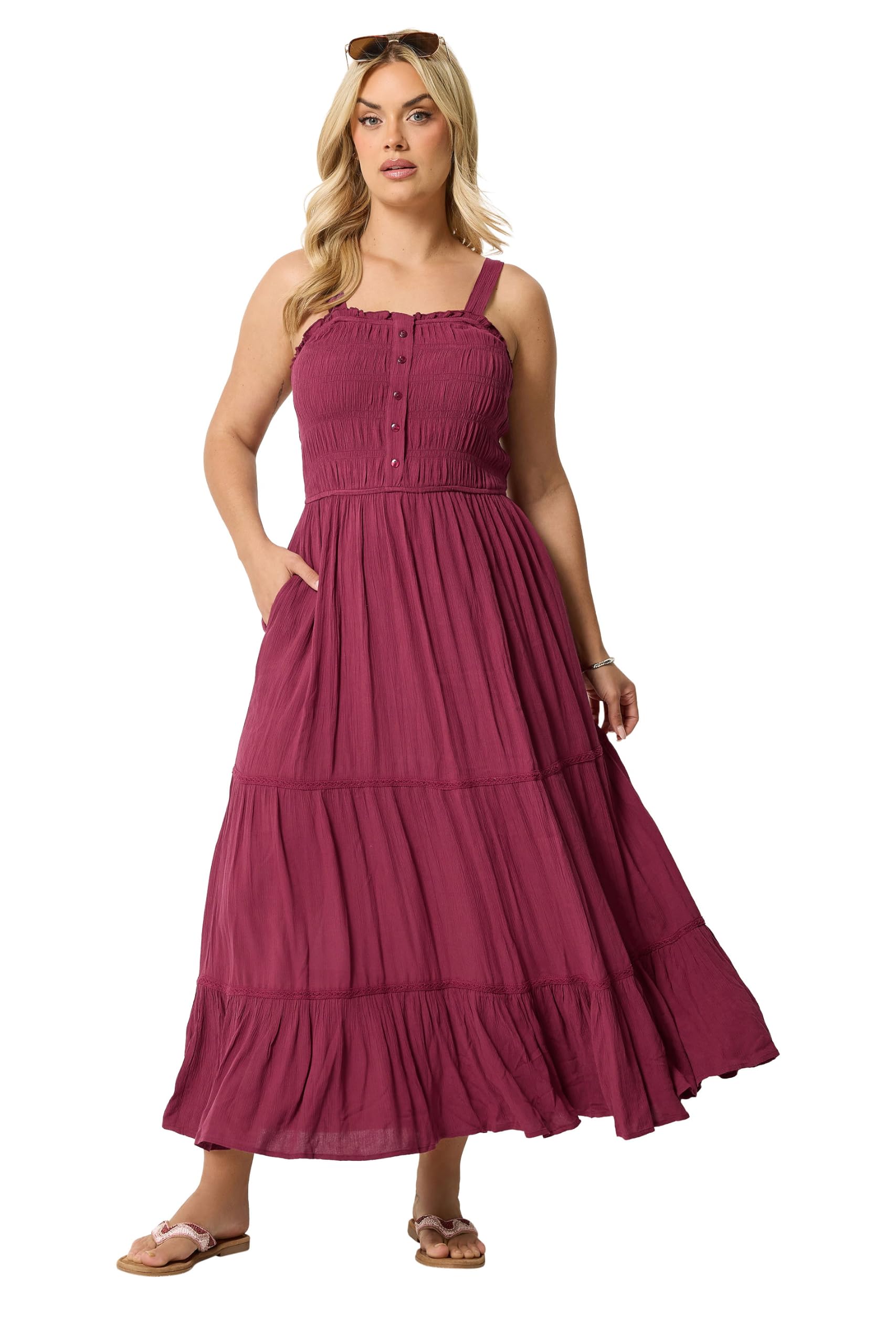 Yours Women's Shirred Placket Dress in Burgundy | Size: 26-28