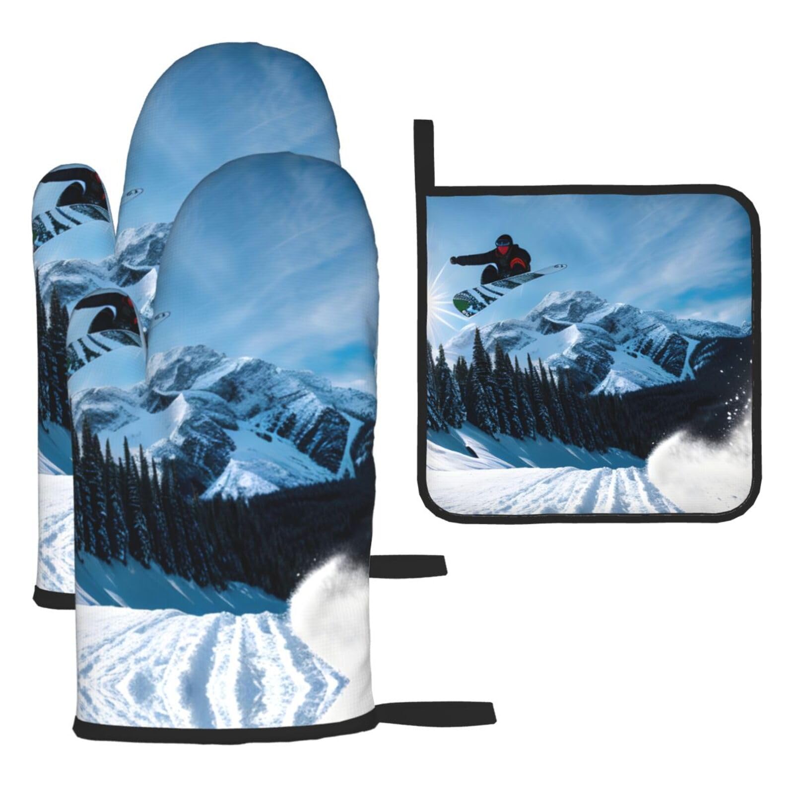 Snowboarding Christmas Oven Mitts,Cute Cooking Glove,Heat Resistant,Oven Mitts Gift for Mom,Housewarming