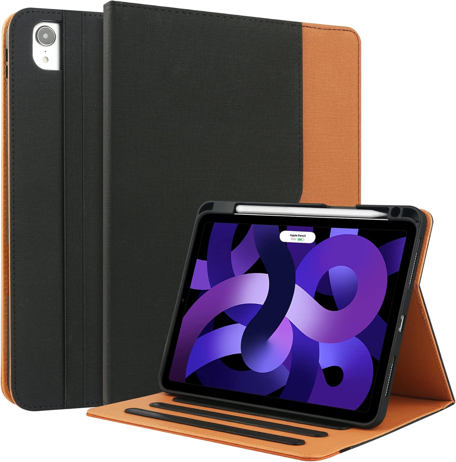 for iPad Air 5th/4th Generation Case 2022/2020, for iPad Air 10.9 Inch Case Cover with Built-in Pencil Holder and Hand Strap, Auto Sleep/Wake, Multiple Viewing Angles for iPad Air 5/4 Gen, Black/Brown