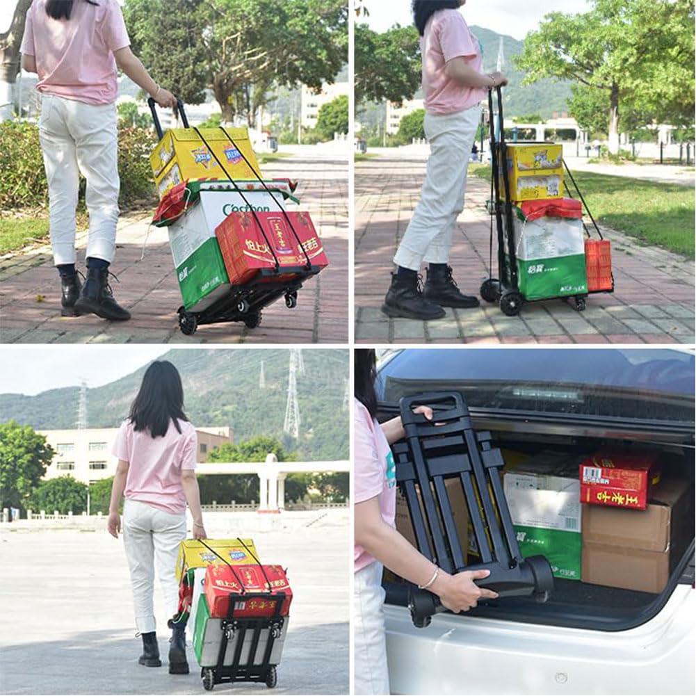 QUTBAG Carrello a Mano Pieghevole Portatile, Carrello a Mano Pieghevole con 4 Ruote girevoli, Carrello per Bagagli Leggero con Maniglia Regolabile, per Bagagli, Viaggi, Shopping, Ufficio in Movimento