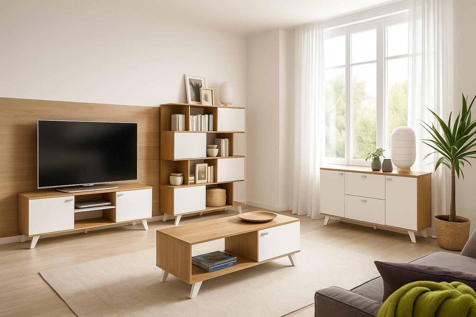MOMMA HOME Ensemble complet de salon modèle Quiatur, finition chêne et blanc, buffet + meuble TV + table basse + étagère