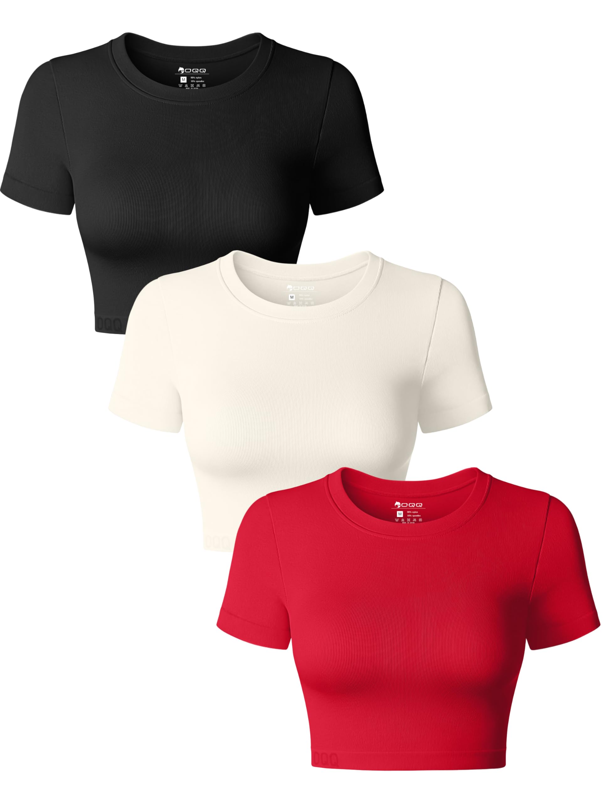 OQQ Women's 3 Piece Crop Tops Crew Neck Shorts Sleeve Stretch Fitted Shirts Crop Tops