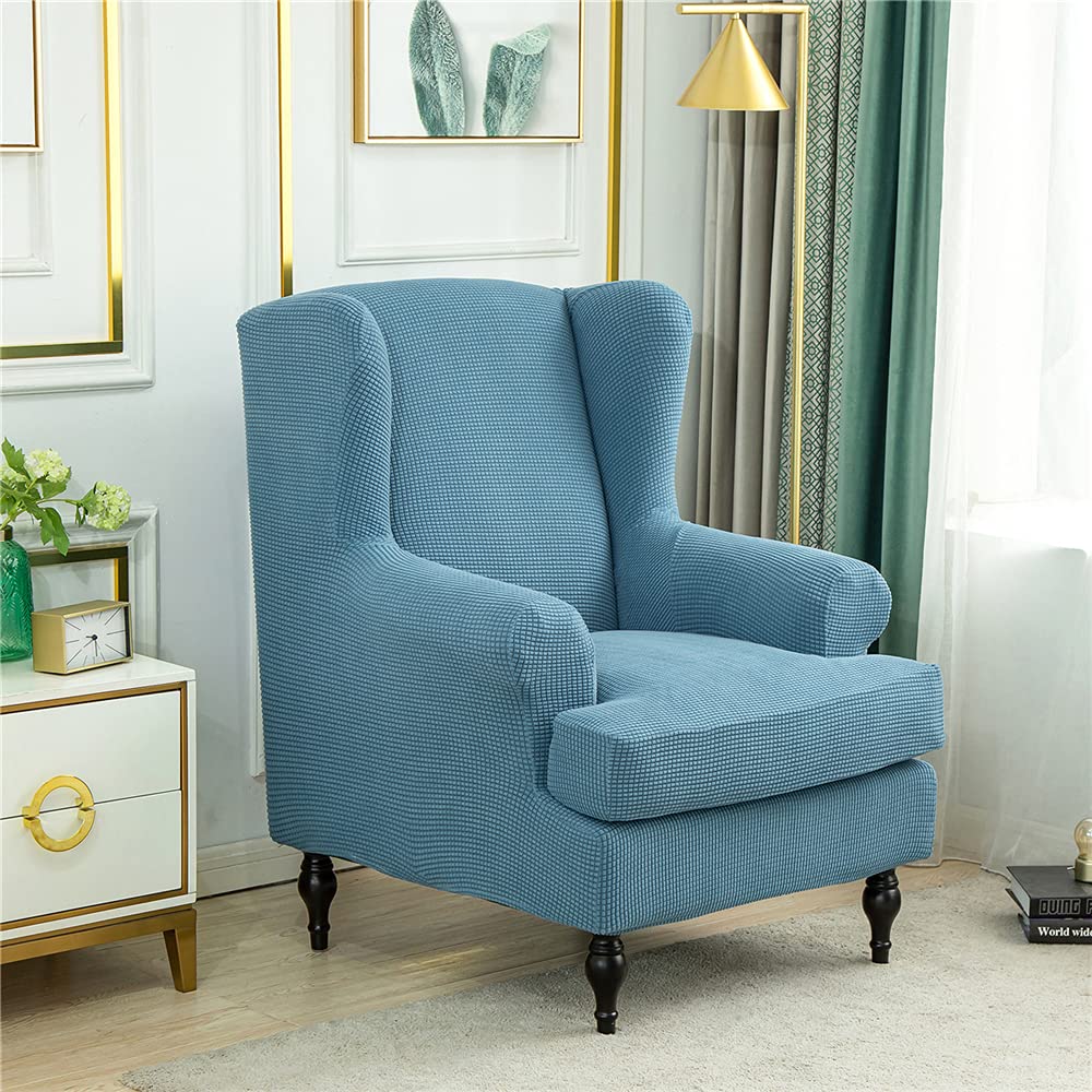 Highdi Blue Wingback Chair Covers 2 Piece Stretch Wing Chair Slipcover, Washable Spandex Fabric Jacquard Sofa Cover Furniture Protector For Armchair Chairs Living Room Bedroom Hotel (Blue)