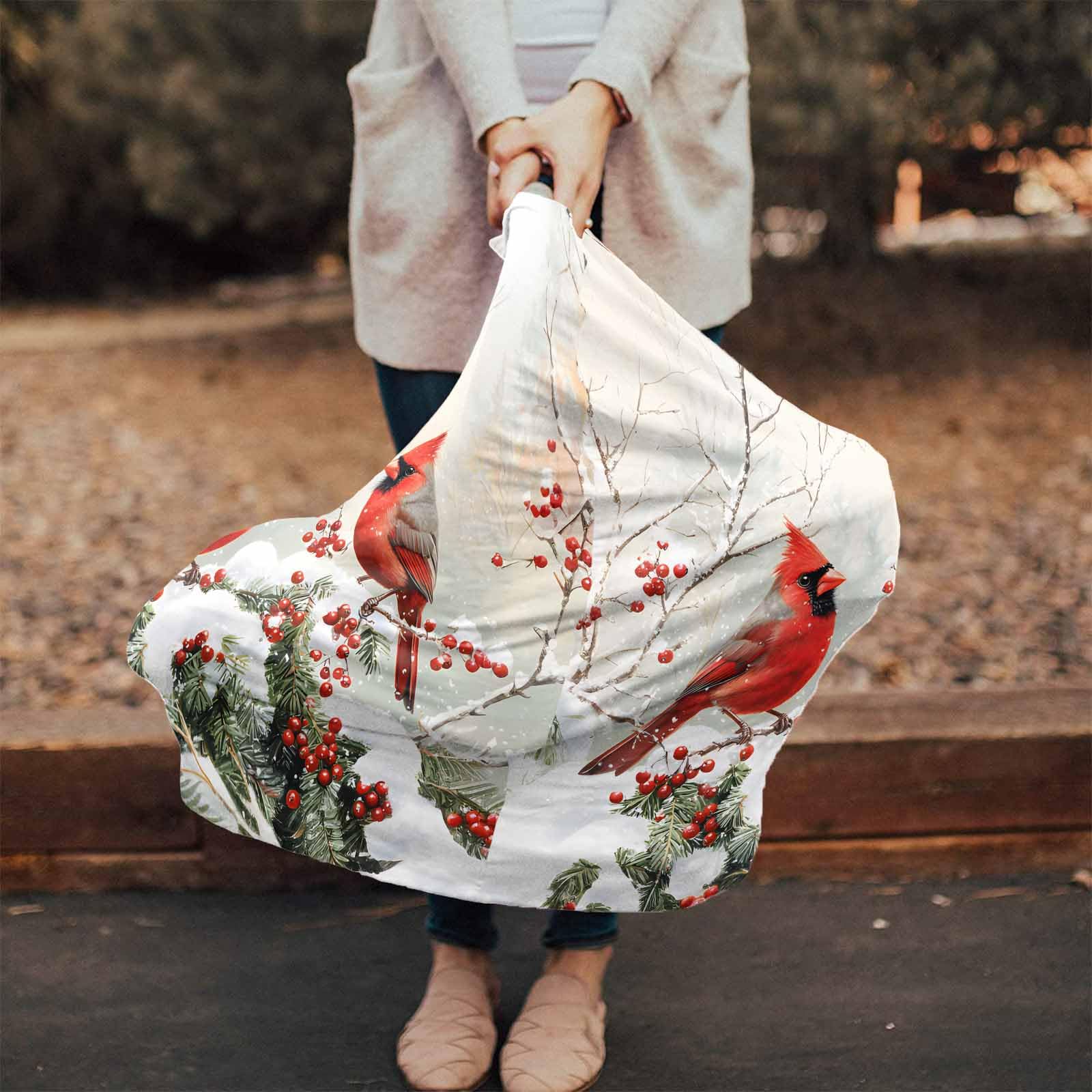 Nursing Cover for Breastfeeding Scarf, Cardinal Bird Holly Berries Branch Winter Baby Car Covers Super Soft Multi Use for Canopy Shopping Cart Cover Blanket Stroller Cover