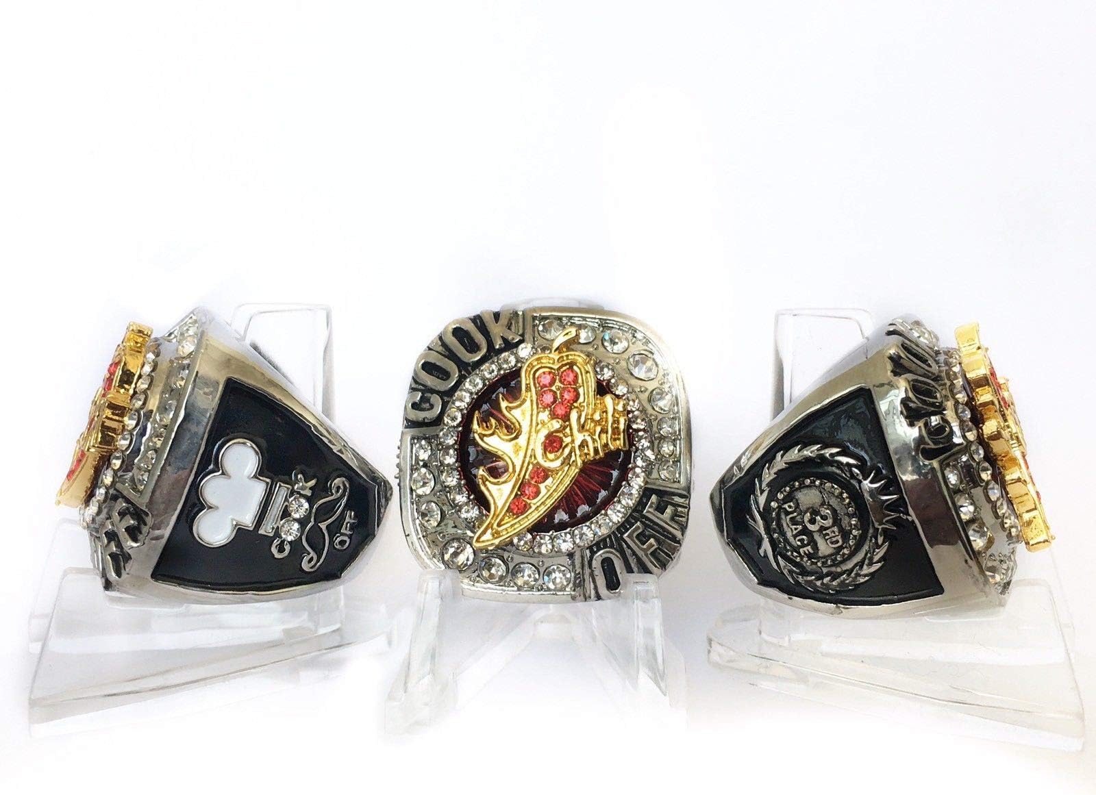 Legacy Rings Chili Cook Off Championship Trophy Ring 1st, 2nd, 3rd Place Medal Etched On Side | Chile Cook-Off | with Acrylic Display Stand