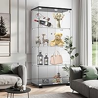 Lockable 4-Shelf Glass Display Cabinet with Tempered Glass Door, Anti-Tip Safety, 30-Min Easy Assembly - 65" Black Curio Bookshelf for Living Room Bedroom